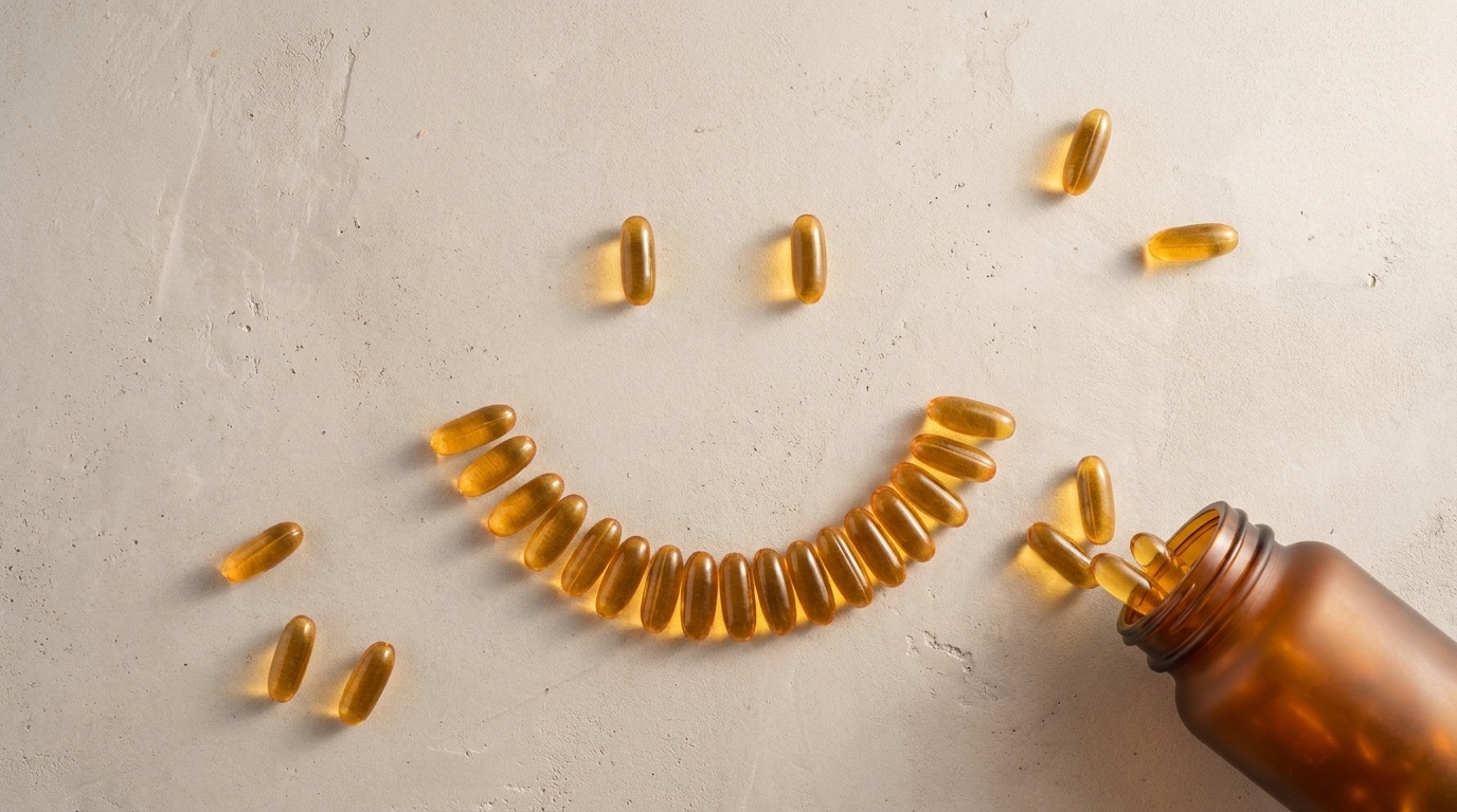 Golden softgels arranged into a smiley face beside a tipped-over amber glass bottle on warm plaster.