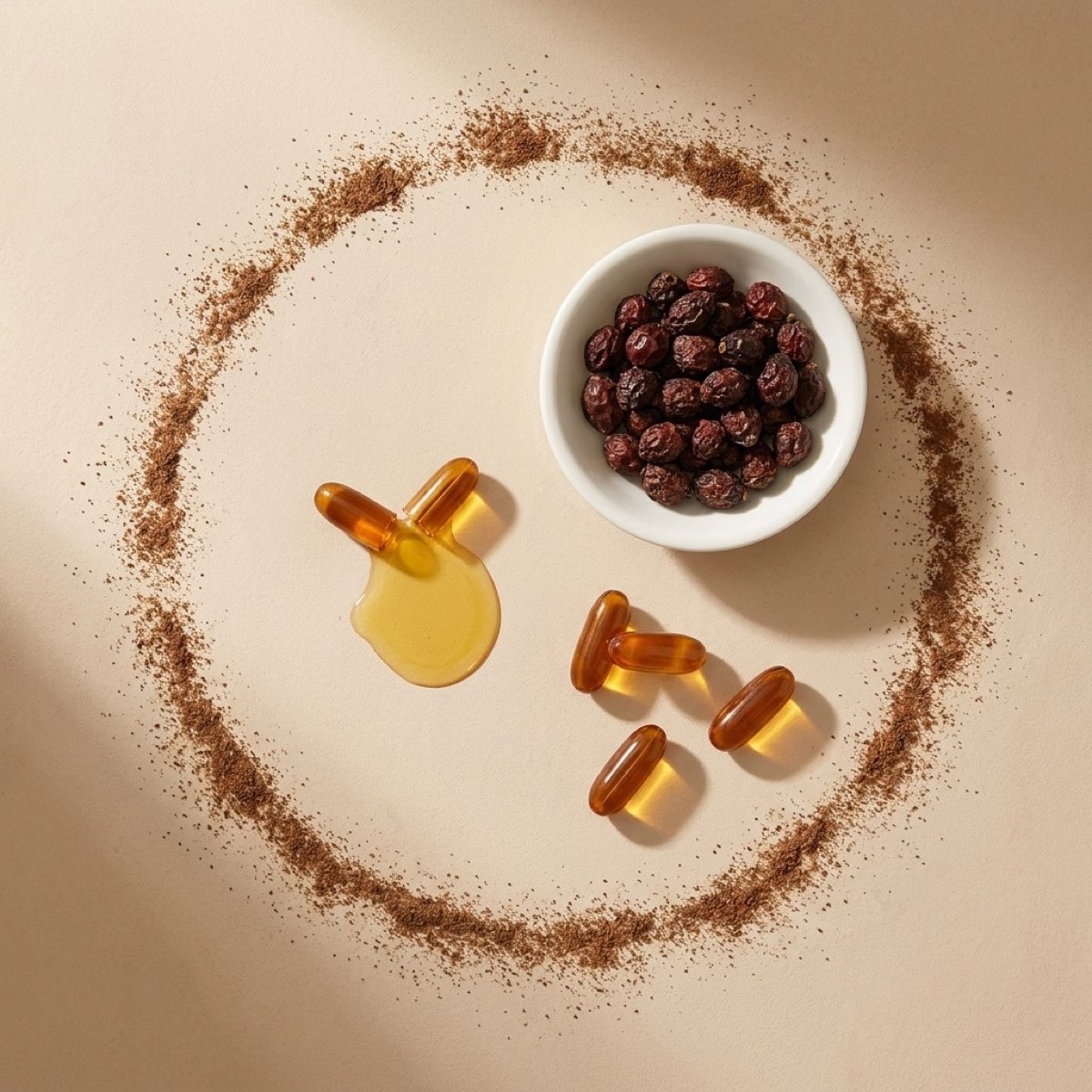 An opened amber softgel spilling golden oil beside whole softgels and a dish of dried saw palmetto berries.