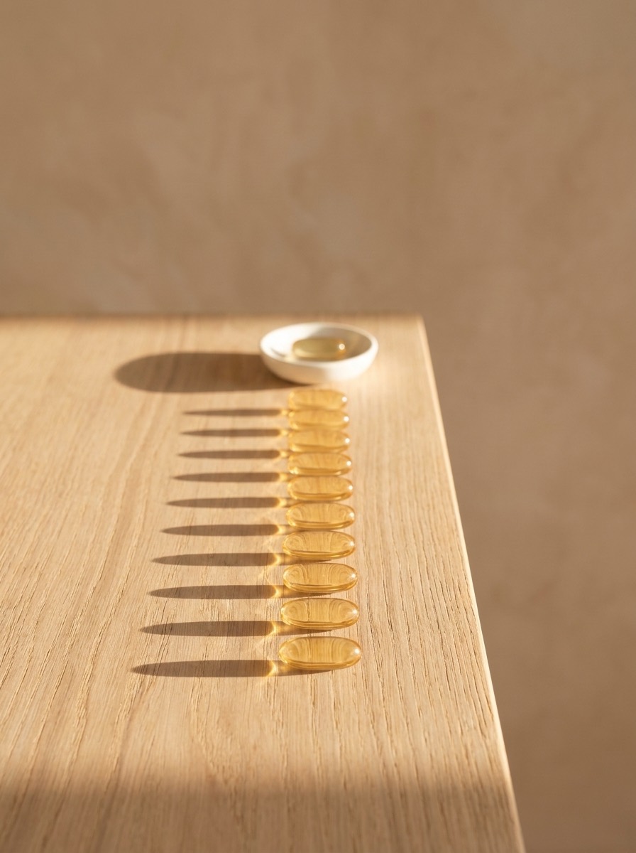 A row of amber softgels on oak in morning light, one resting in a small ceramic dish.