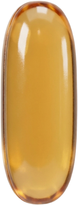 A single translucent amber softgel, enlarged.